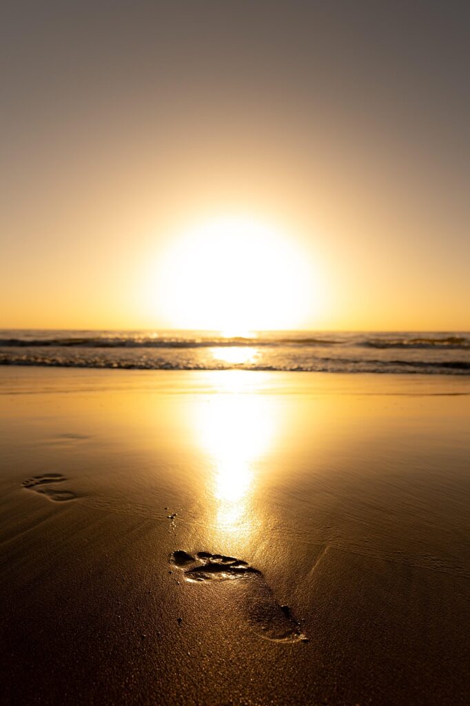 beach, nature, sand, foot print, spain, canary islands, lanzarote, foot, sunrise, waves, sea, horizon